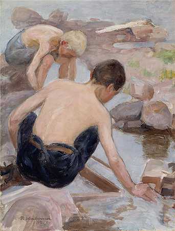 佩卡·哈洛宁(Pekka Halonen，芬兰画家）-(岸上的两个男孩 (1922))