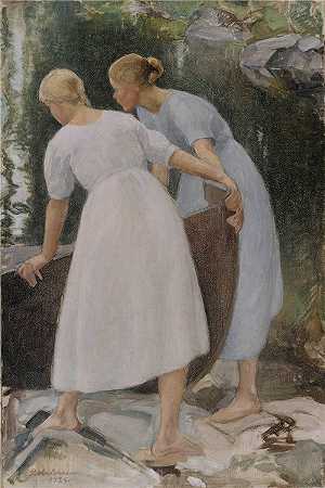 佩卡·哈洛宁(Pekka Halonen，芬兰画家）-(推船的女孩（1925）)