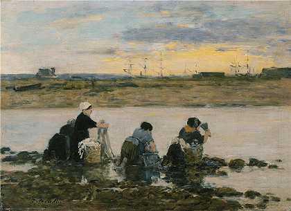 欧仁·布丁（Eugène Boudin，法国画家）-(河边的洗衣妇)