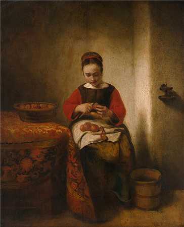 尼古拉斯·梅斯（Nicolaes Maes，荷兰画家）-(剥苹果的年轻女子（约 1655 年）)