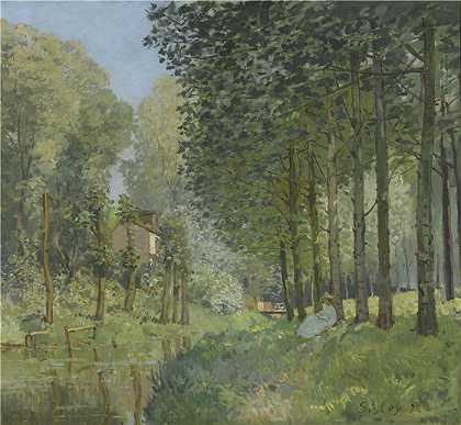 阿尔弗雷德·西斯利（Alfred Sisley，法国画家）-(沿着溪流休息。森林边缘 (1878))