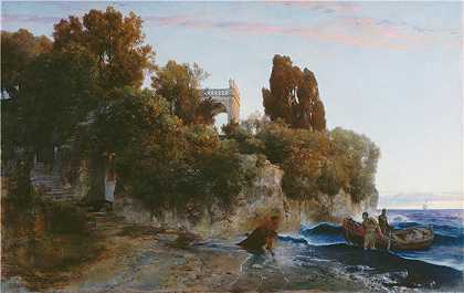 阿诺德·伯克林（瑞士画家 ，Arnold Böcklin）-(海边城堡和城堡花园里的谋杀案（1859 年）)