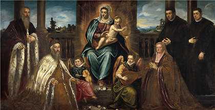 雅各布·丁托列托（Jacopo Tintoretto，意大利画家）-(麦当娜和孩子之前的家人（约 1575 年）)