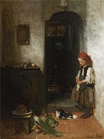 雅各布·马里斯（Jacob Maris，荷兰画家）-(一个正在玩耍的小猫的女孩（1869 年）)