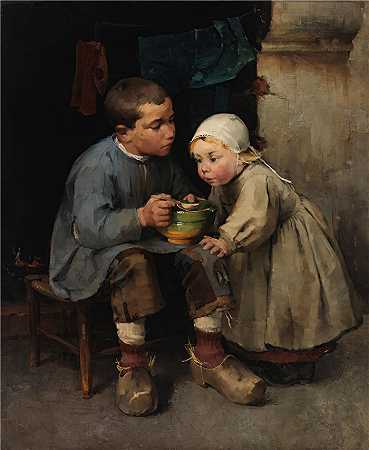 海伦·施杰夫贝克（Helene Schjerfbeck，芬兰画家）-(一个男孩在喂他的小妹妹（1881）)