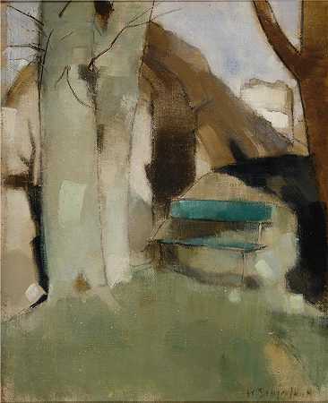 海伦·施杰夫贝克（Helene Schjerfbeck，芬兰画家）-(墙上的影子 II（绿色长凳）（1928 年）)