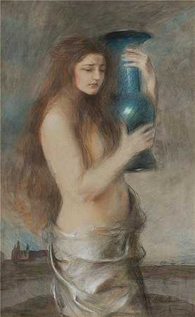 特奥多尔·阿克森托维奇（Teodor Axentowicz，波兰画家）-(带蓝色花瓶的女孩（眼泪）（1900）)