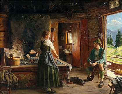 埃米尔·劳（Emil Rau，德国画家）-(一个猎人在高山小屋里休息)
