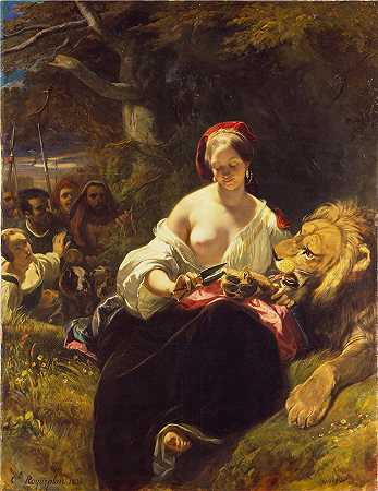 卡米尔-约瑟夫-艾蒂安·罗克普兰（Camille Joseph Etienne Roqueplan，法国画家）作品-(恋爱中的狮子 (1836))