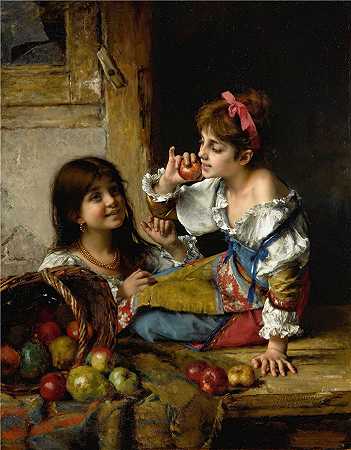 阿列克谢·哈拉莫夫（Alexei Harlamoff，俄罗斯画家）-(有苹果和梨的两个女孩（1884 年）)