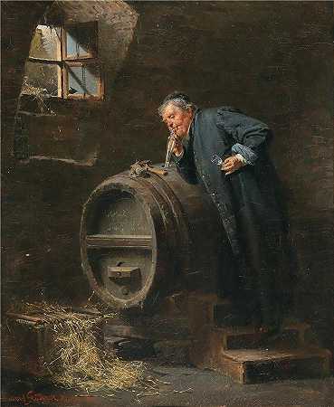 爱德华·冯·格鲁茨纳 ( Eduard von Grützner，德国画家 )-(酒窖里的和尚拿着酒虹吸管)