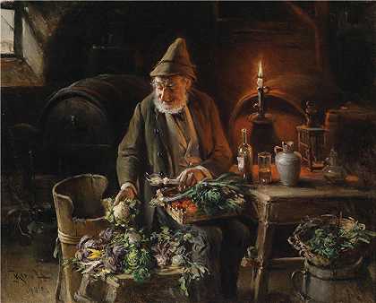 赫尔曼·阿明·冯·克恩 (Hermann Armin von Kern，奥地利画家) 作品-酒窖里的蔬菜店（1906年）