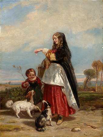 卡米尔-约瑟夫-艾蒂安·罗克普兰（Camille Joseph Etienne Roqueplan，法国画家）作品-(带着狗的女人和孩子（约 1848 年）)