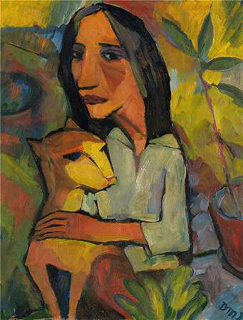 多萝西娅·梅策尔-约翰森（Dorothea Maetzel-Johannsen，德国画家）-(带猫的年轻女子（1919）)