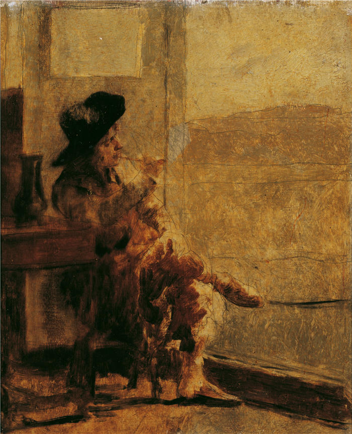 雨果·查尔蒙 Hugo Charlemont，奥地利画家）高清作品-《坐着抽烟的人》