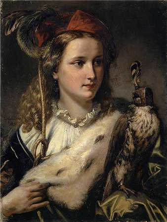 恩斯特·施蒂克伯格（Ernst Stückelberg，瑞士画家）-(年轻的诺贝尔女性与猎鹰（1856 年）)