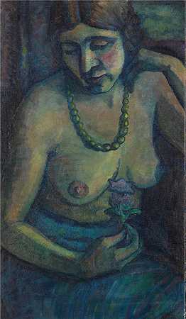 多萝西娅·梅策尔-约翰森（Dorothea Maetzel-Johannsen，德国画家）-(蓝色自画像（半裸配珍珠项链）（1917-1922）)