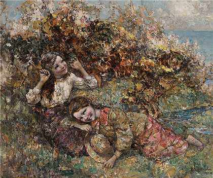 爱德华·阿特金森·霍内尔（Edward Atkinson Hornel，苏格兰画家）-(采野花的少女 (1918))