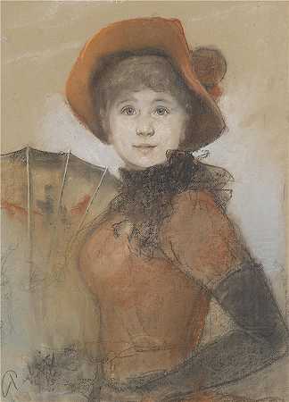 布鲁诺·皮格海因（Bruno Piglhein，德国画家，1848-1894 年）作品-一个戴着帽子和伞的女孩的肖像