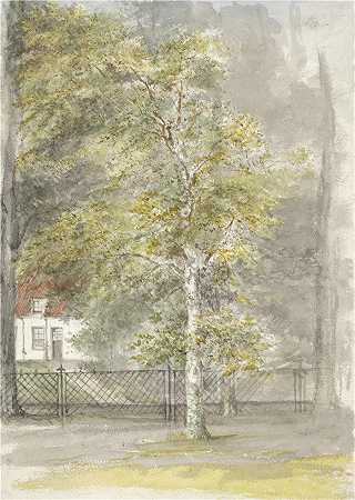 约瑟夫·以色列（Jozef Israëls，荷兰画家）作品-(乡村房屋篱笆树（1834 h1911）)