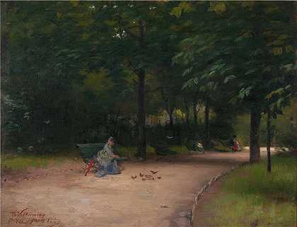 保罗·皮尔（Paul Peel，加拿大画家）作品-在公园喂鸟 (1889)