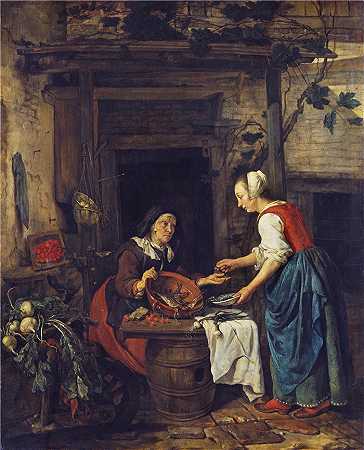 加布里埃尔·梅苏（Gabriël Metsu，荷兰画家）-(卖鱼的老妇人 (1657 – 1662))