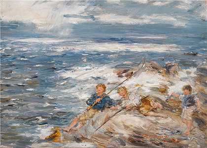 威廉·麦克塔格特(William McTaggart，苏格兰画家)作品-(岩石捕鱼（1891）)