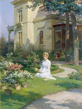 朱利叶斯·维克多·伯杰（Julius Victor Berger，奥地利画家，1850–1902年）作品-别墅花园里的女孩（1900）