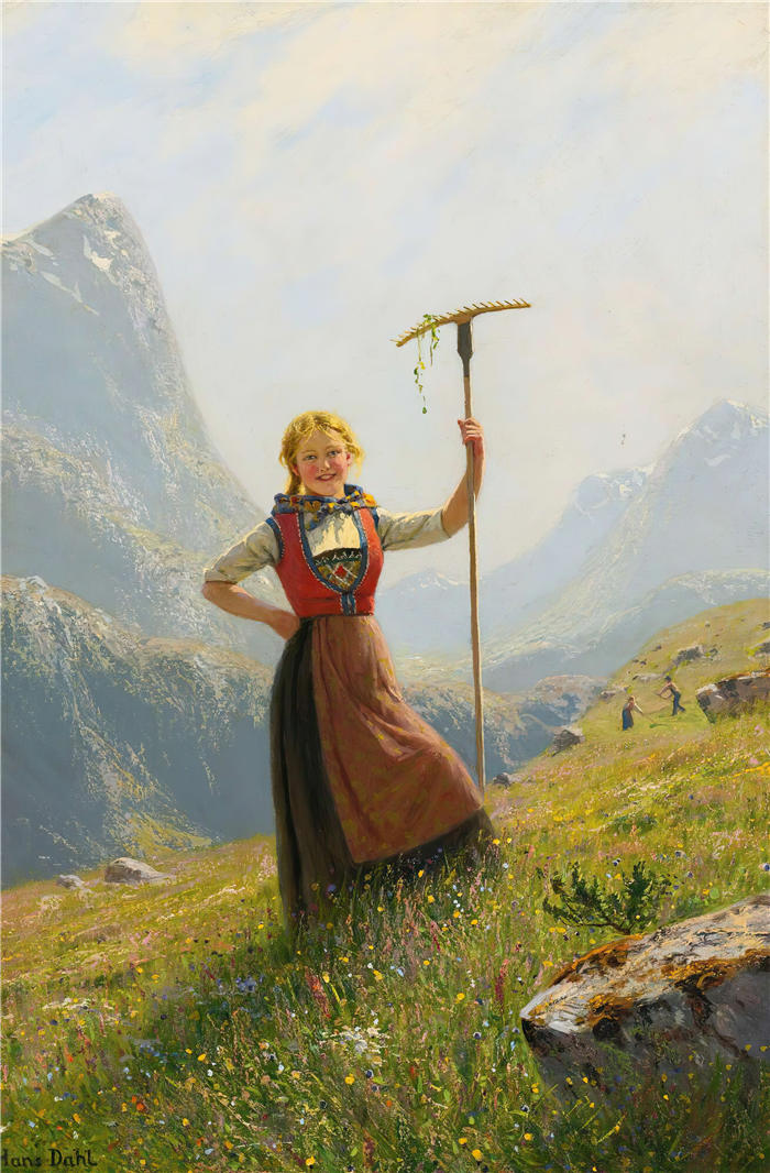 汉斯·达尔（Hans Dahl，挪威画家）-(拿着耙子的农家女)