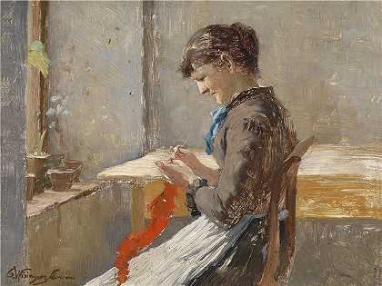 奥尔加·威辛格-弗洛里安（Olga Wisinger-Florian，奥地利画家）作品-(橱窗边编织的女人)