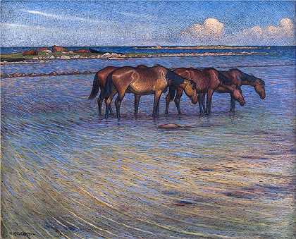 尼尔斯·克鲁格（ Nils Kreuger，瑞典画家）-(马在水中冷却自己（1902 年）)