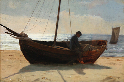 劳里特·图克森(Laurits Tuxen)的(渔民男孩在海滩上的一条船上)