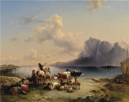 弗里德里希·高尔曼（Friedrich Gauermann，奥地利画家）-(阿泰尔西湖的牧羊人和牛（1852年）)