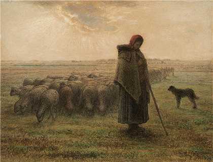 让-弗朗索瓦·米勒 (Jean-François Millet，法国画家)-( 牧羊女和她的羊群（约 1864-1865 年）)