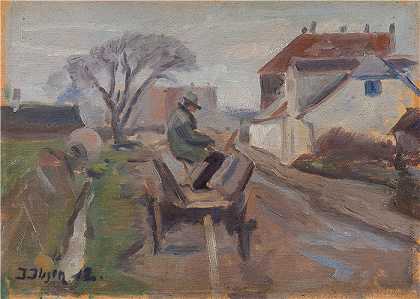 伊曼纽尔·易卜生（Immanuel Ibsen，丹麦，1887-1944）作品-坐在马车上的画家奥伦德·汉森（1912）