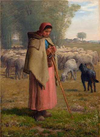 让-弗朗索瓦·米勒 (Jean-François Millet，法国画家)-( 保护她的羊的年轻女孩（约 1860-62 年）)