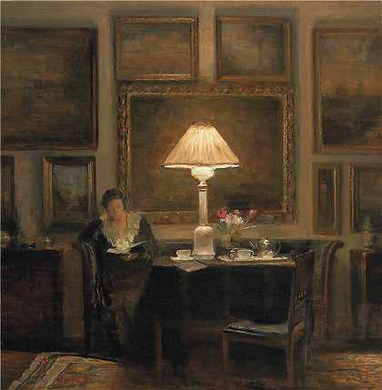 卡尔·霍尔索（Carl Holsøe，丹麦画家）-(一位女士在灯光下阅读)