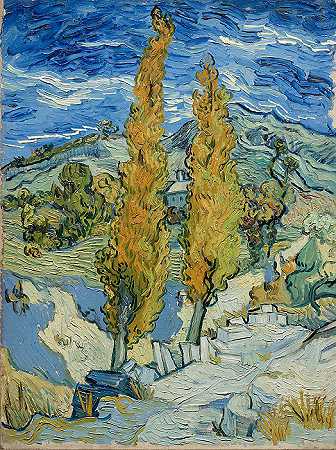 文森特·梵高（Vincent van Gogh） –穿过山丘的道路上的两个杨树油画