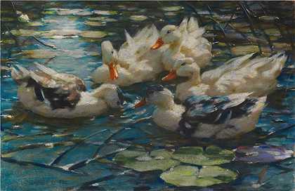 亚历山大·科斯特（Alexander Koester，德国画家）-(蓝色睡莲中的五只彩色鸭子（1909）)
