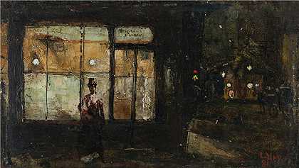 小乌里（Lesser Ury,德国画家）-(夜间照明的商店橱窗（1881 年）)