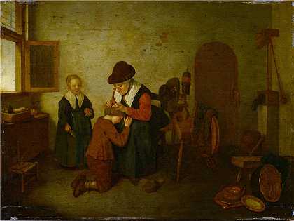 奎里恩·范·布雷克伦卡姆（Quirijn Van Brekelenkam，荷兰画家，1622-1669）作品-(一个女人把一个男孩除掉了（大约 1650-55 年）)