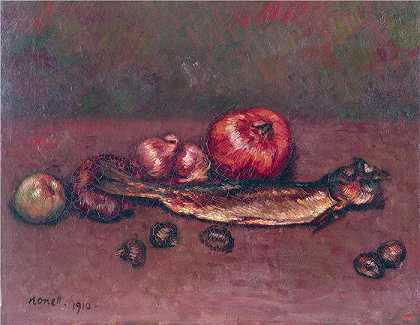 伊西德·诺内尔（Isidre Nonell ，西班牙画家）-(洋葱和鲱鱼的静物 (1910))