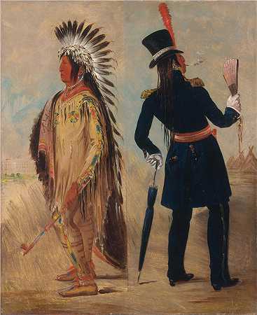 乔治·卡特林 (George Catlin,美国画家)作品-(Wi-Jún-Jon，鸽蛋头（光）往返华盛顿（1837-1839）)
