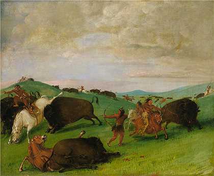 乔治·卡特林 (George Catlin,美国画家)作品-(Buffalo Chase，公牛与人和马作战（1832-1833）)