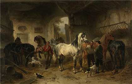 沃特鲁斯·维舒尔（Wouterus Verschuur，荷兰画家）作品-(马厩内部有马和人像（1850年至1874年）)