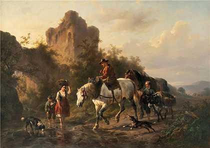 沃特鲁斯·维舒尔（Wouterus Verschuur，荷兰画家）作品-(一位司机和他的家人在溪流中涉水)
