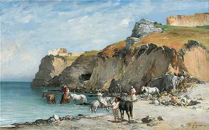 维克多·休格（Victor Huguet，法国画家）作品-(骑兵在海滩上的停止)