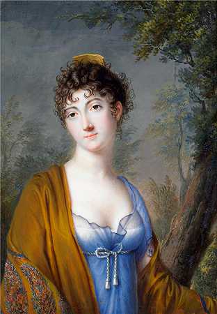 热诺特（Genot ，法国，活跃于 1800-1830 年）作品-黄色披肩的蓝色女士（c.1800）