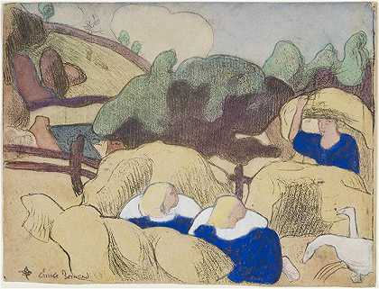 埃米尔·伯纳德（Emile Bernard ，法国画家）作品-(制作干草堆的妇女（1889 年）)