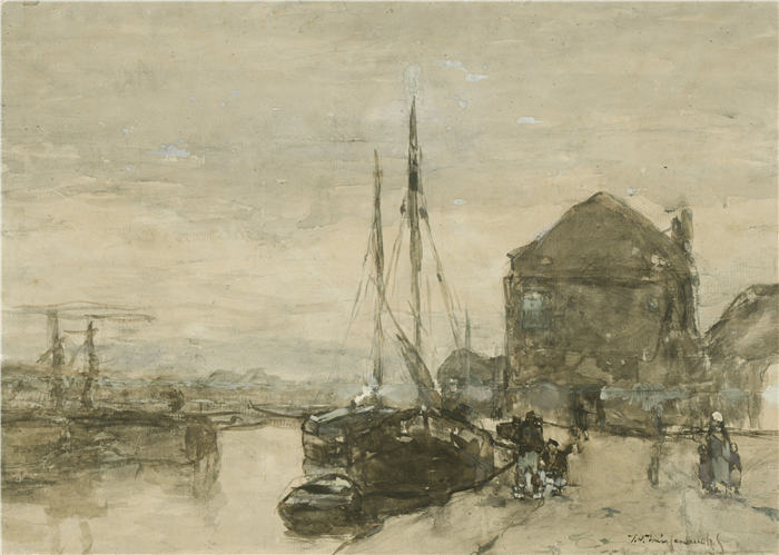 约翰·亨德里克·魏森布鲁赫 Johan Hendrik Weissenbruch，荷兰，1824 - 1903 年）作品-哈勒姆的 Turfmarkt 和 Eendjespoort 景色 1865 年